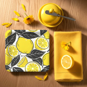 Modern Bold Lemon & Black Leaves  Seamless Pattern Paper Plates
