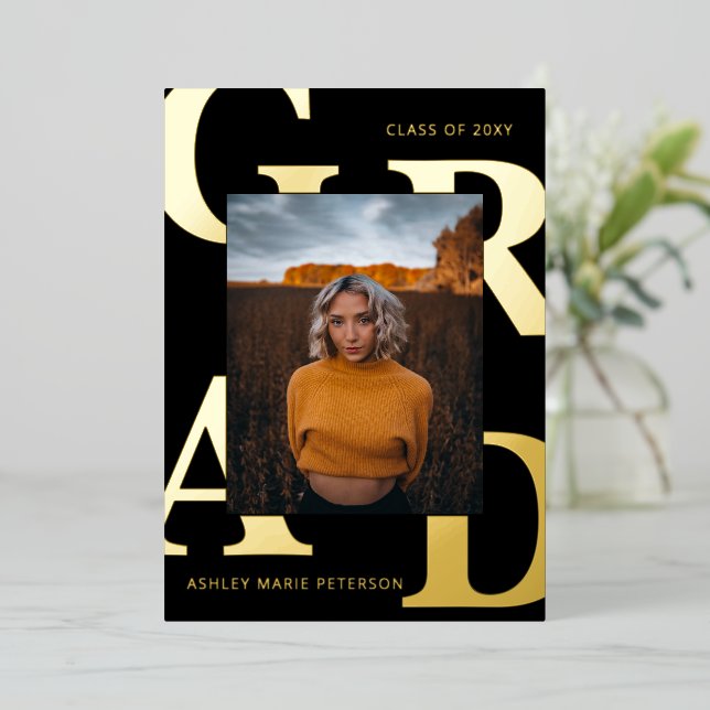 Modern Bold Letters Black Gold Photo Graduation Foil Invitation (Standing Front)