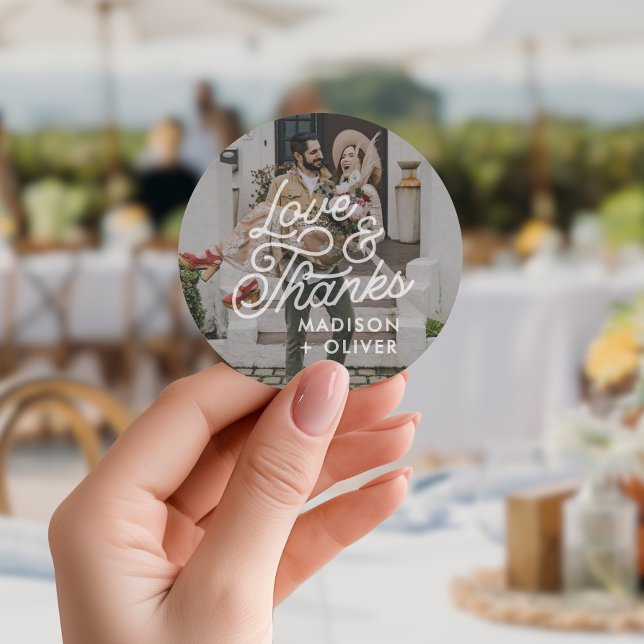 Modern Bold Love and Thanks Photo Wedding Classic Round Sticker (Creator Uploaded)