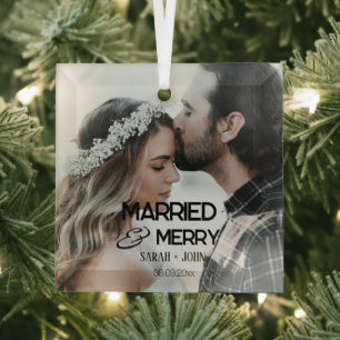Modern Bold Married & Merry Wedding Photo Newlywed Glass Ornament