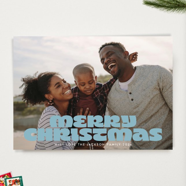 MODERN BOLD Merry Script Retro Photo Blues Holiday Card (Creator Uploaded)
