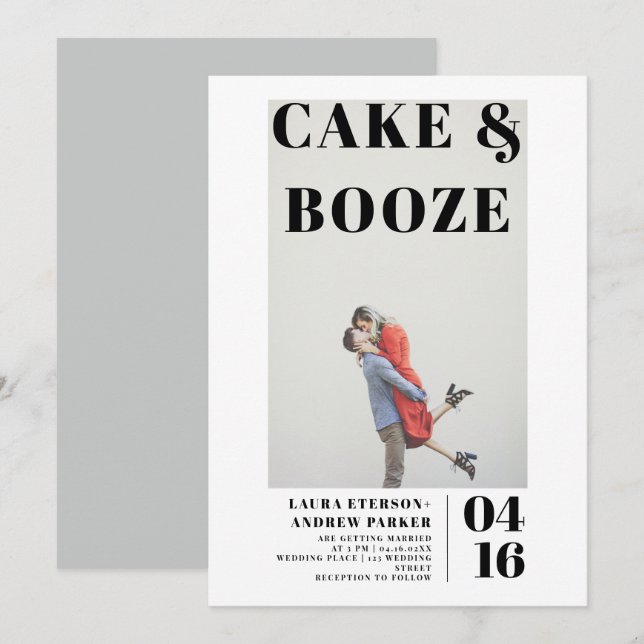 Modern bold minimalist cake booze photo wedding  invitation (Front/Back)