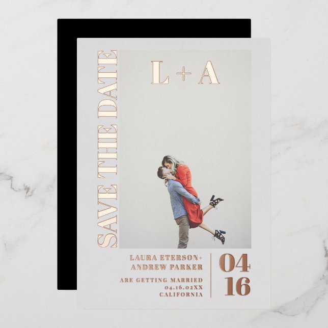 Modern bold minimalist initial photo save the date foil invitation (Front/Back)