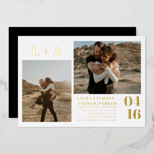 Modern bold minimalist initials 2 photos wedding foil invitation