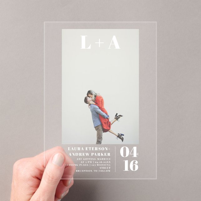 Modern bold minimalist initials photo wedding acrylic invitations (Insitu (Handheld))