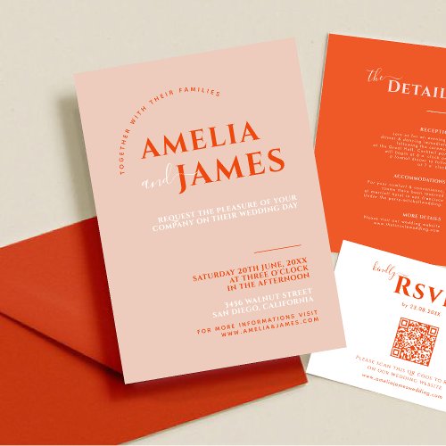Modern Bold Minimalist orange and Pink Wedding Invitation