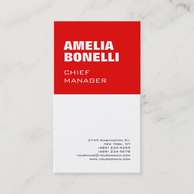 Modern Bold Minimalist Professional Red White Business Card (Front)