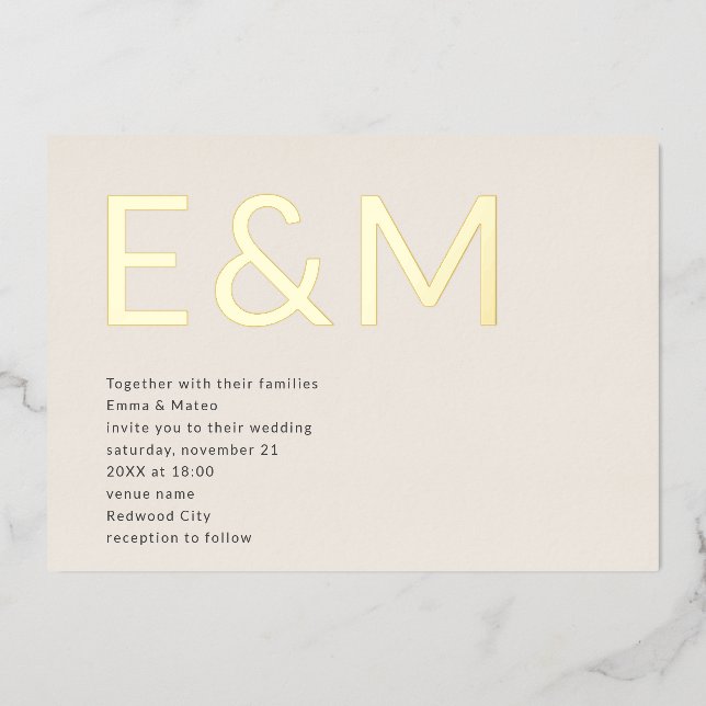 Modern Bold Monogram Beige Wedding Foil Invitation (Front)
