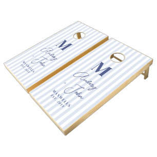 Modern Bold Monogram Blue White Stripes Wedding Cornhole Set