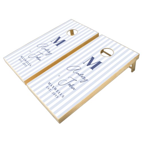 Modern Bold Monogram Blue White Stripes Wedding Cornhole Set