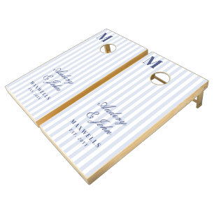 Modern Bold Monogram Blue White Stripes Wedding Cornhole Set