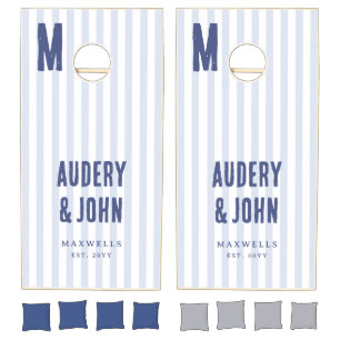 Modern Bold Monogram Blue White Stripes Wedding Cornhole Set