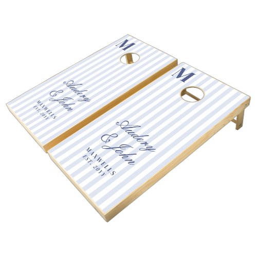 Modern Bold Monogram Blue White Stripes Wedding Cornhole Set