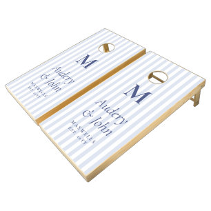 Modern Bold Monogram Blue White Stripes Wedding Cornhole Set