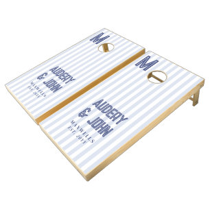 Modern Bold Monogram Blue White Stripes Wedding Cornhole Set