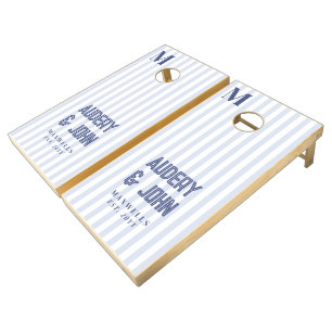 Modern Bold Monogram Blue White Stripes Wedding Cornhole Set