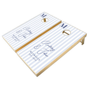 Modern Bold Monogram Blue White Stripes Wedding Cornhole Set