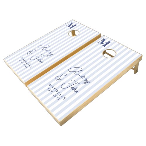 Modern Bold Monogram Blue White Stripes Wedding Cornhole Set