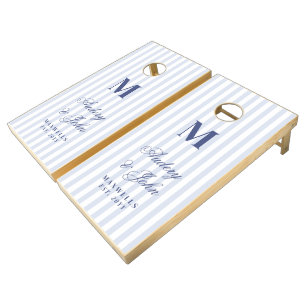 Modern Bold Monogram Blue White Stripes Wedding Cornhole Set