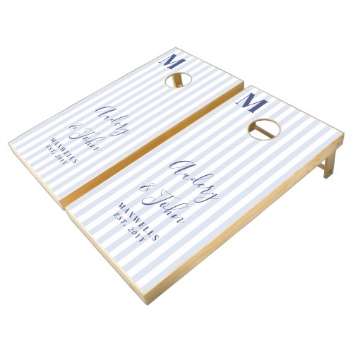 Modern Bold Monogram Blue White Stripes Wedding Cornhole Set