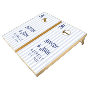 Modern Bold Monogram Blue White Stripes Wedding Cornhole Set