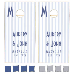 Modern Bold Monogram Blue White Stripes Wedding Cornhole Set