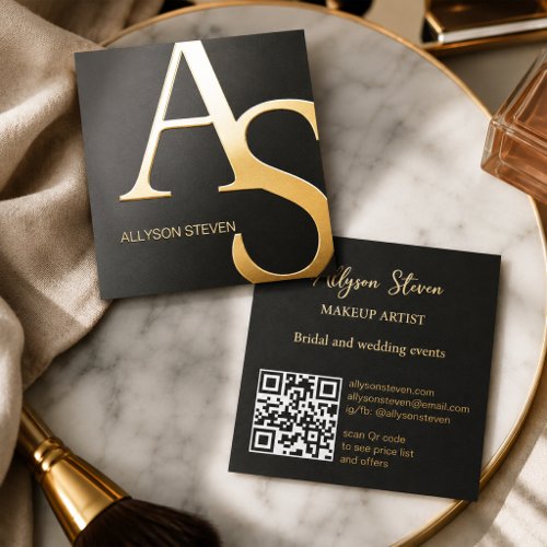 Modern Bold Monogram Makeup Artist Qr Code Foil Business Cards