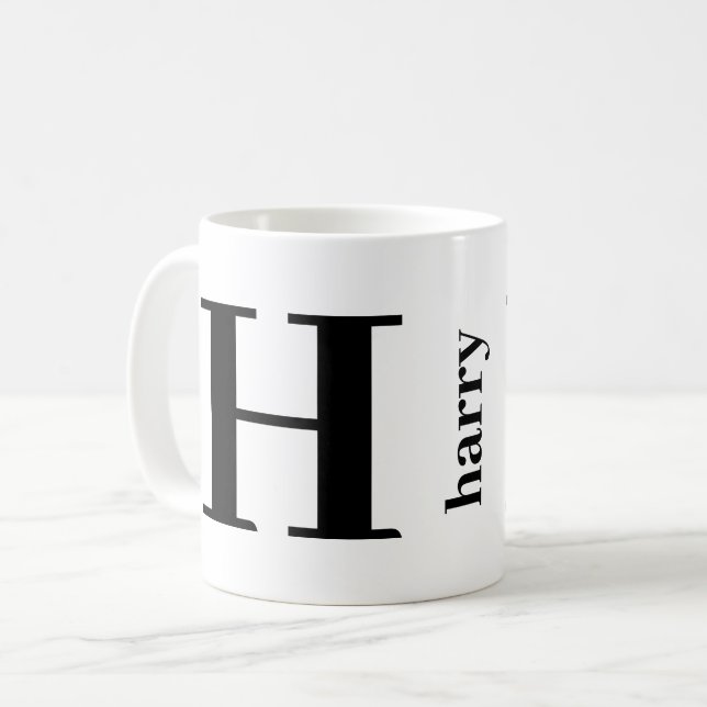 Modern Bold Monogram Name Black White Coffee Mug (Front Left)