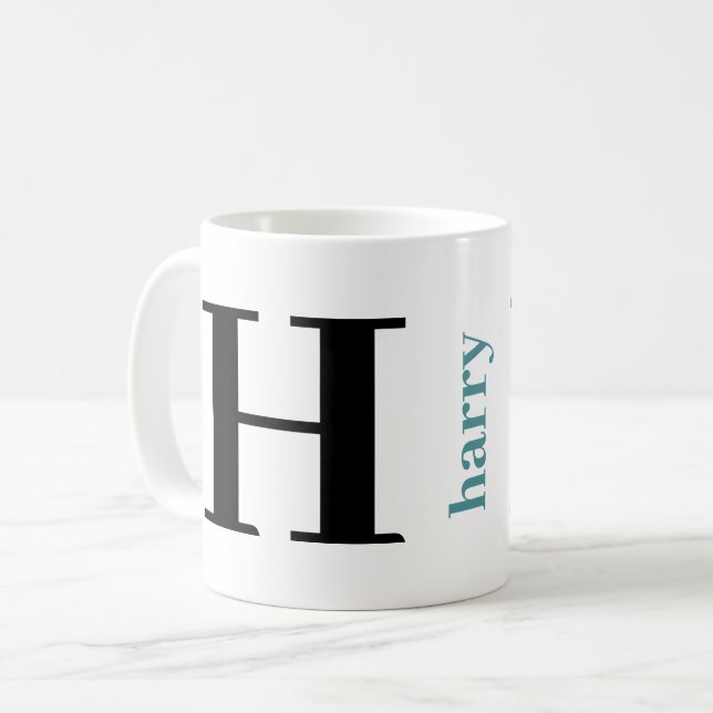 Modern Bold Monogram Name Teal Black Coffee Mug (Front Left)