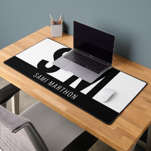 Modern Bold Monogram Script Black & White Desk Mat