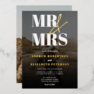 Modern bold Mr Mrs script black photo wedding Foil Invitation