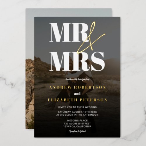 Modern bold Mr Mrs script black photo wedding Foil Invitation