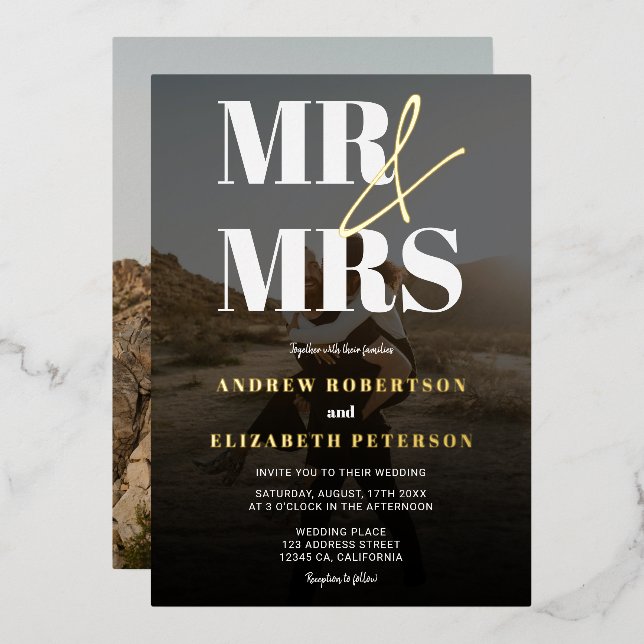 Modern bold Mr Mrs script black photo wedding Foil Invitation (Front/Back)