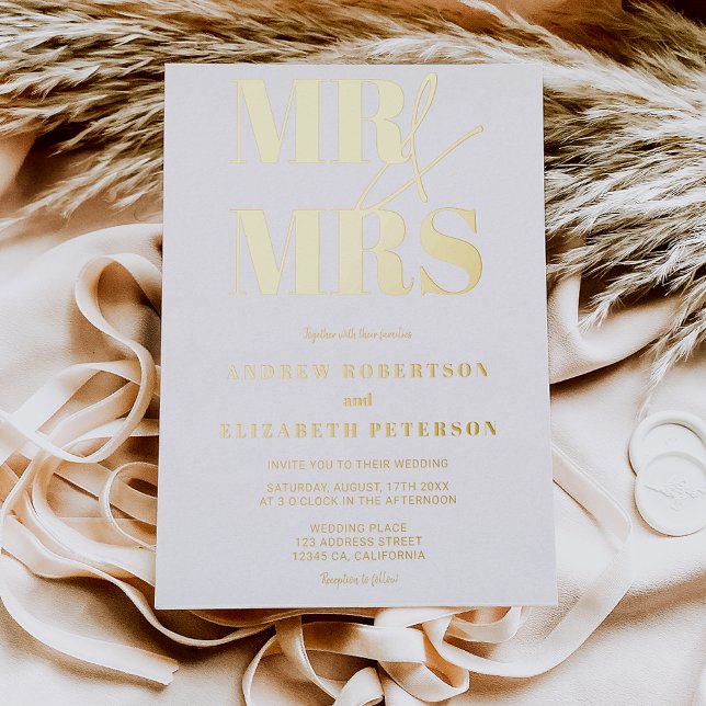 Modern bold Mr Mrs script black photo wedding Foil Invitation (Creator Uploaded)