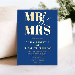 Modern bold Mr Mrs script blue photo wedding Foil Invitation