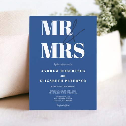 Modern bold Mr Mrs script chic blue photo wedding Invitation