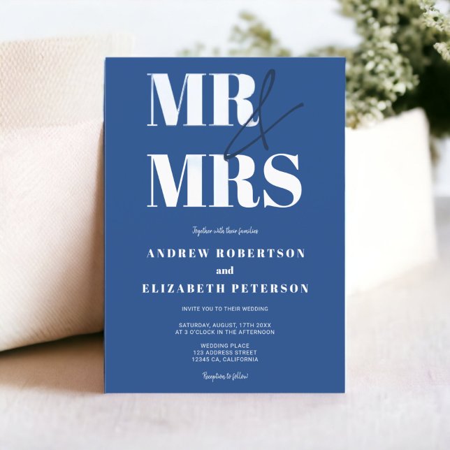 Modern bold Mr Mrs script chic blue photo wedding Invitation (Modern bold Mr Mrs script chic blue photo wedding Invitation)