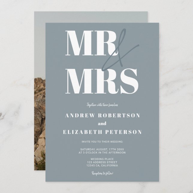 Modern bold Mr Mrs script dusty blue photo wedding Invitation (Front/Back)
