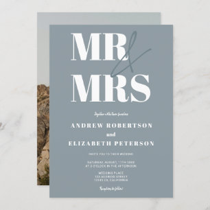 Modern bold Mr Mrs script dusty blue photo wedding Invitation