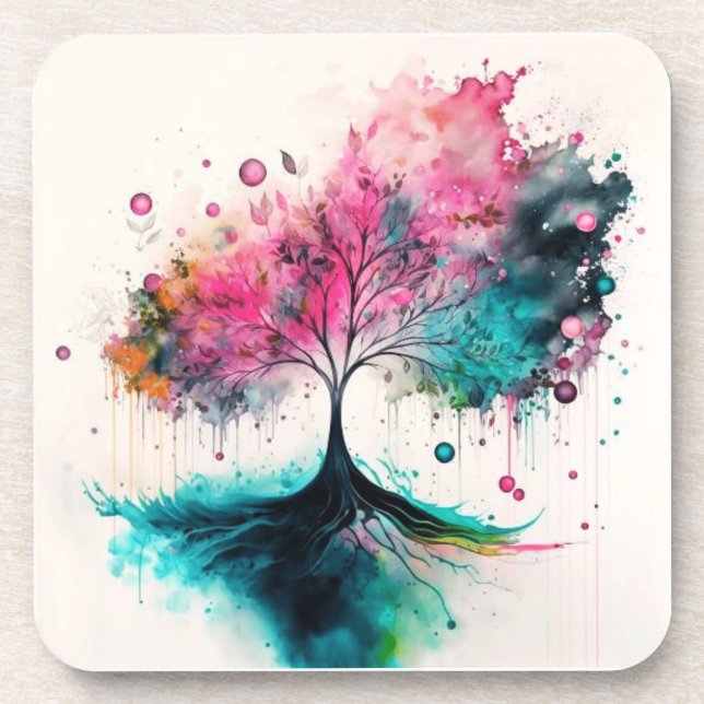 Modern & Bold Mystical Tree (blue, pink, orange) Beverage Coaster (Front)