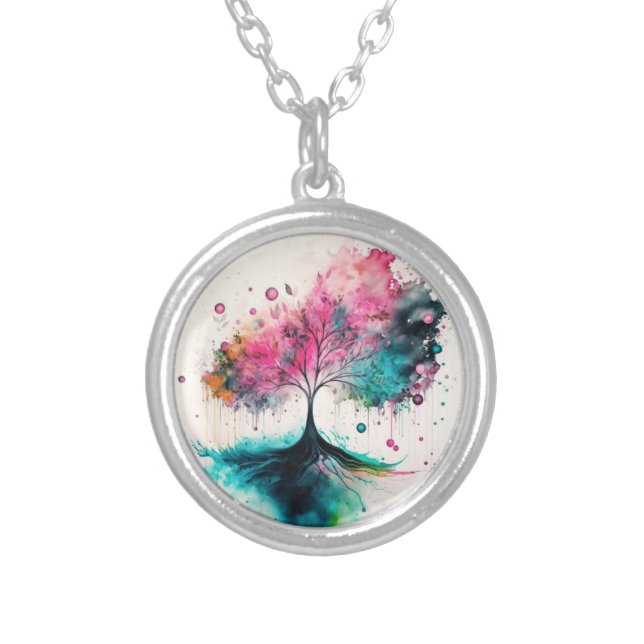 Modern & Bold Mystical Tree (blue, pink, orange) Silver Plated Necklace (Front)