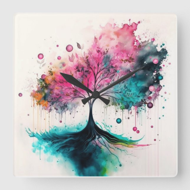 Modern & Bold Mystical Tree (blue, pink, orange) Square Wall Clock (Front)
