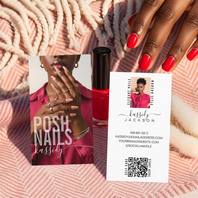 Modern Bold Nail Artist Technician Script QR Photo Business Card (Modern Bold Typography Script Calligraphy QR Photo Business Card)