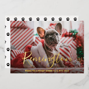 Modern Bold Name Dog Photo Elegant Christmas Foil Holiday Card
