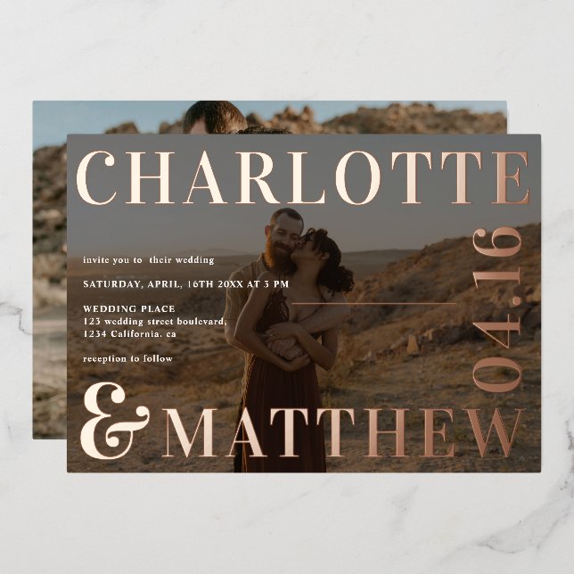Modern bold names 2 photos overlay wedding rose foil invitation (Front/Back)