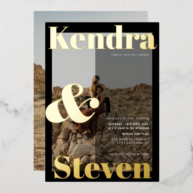Modern bold names black white photo wedding foil invitation (Front/Back)