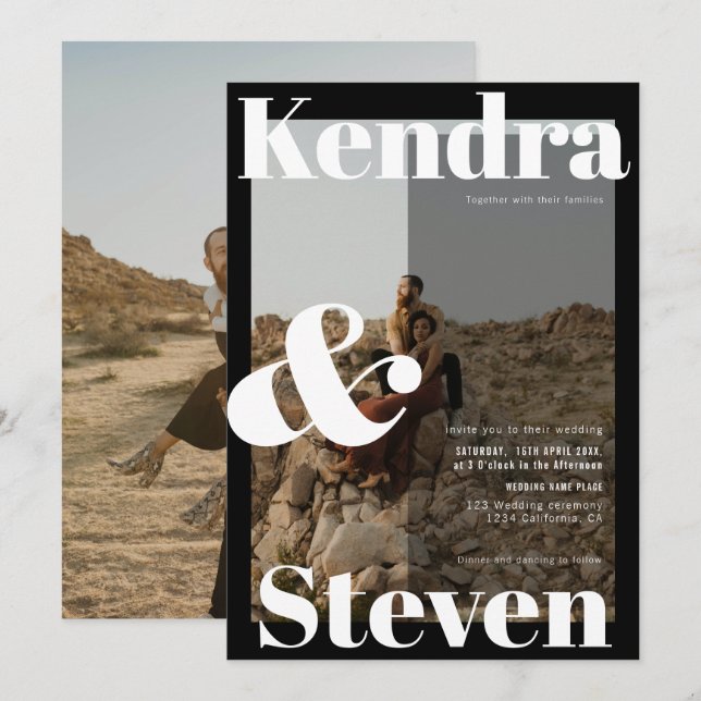 Modern bold names black white photo wedding invitation (Front/Back)