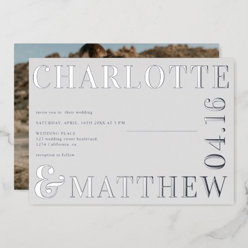 Modern bold names gray photo wedding silver foil invitation