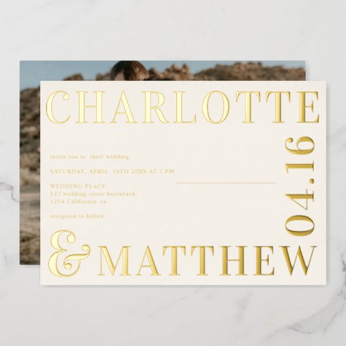 Modern bold names ivory photo wedding gold foil invitation