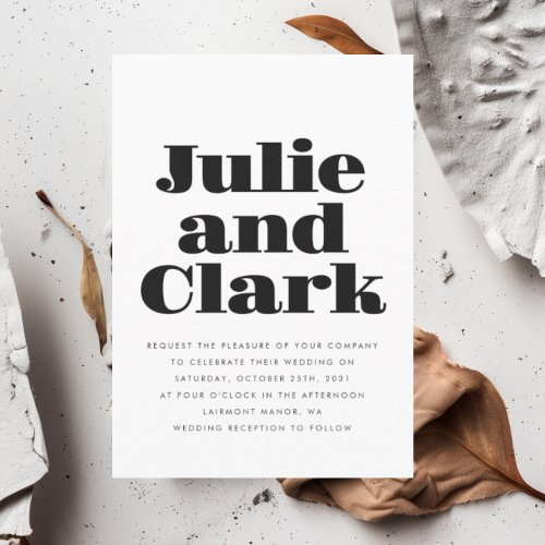 Modern Bold Names Minimalist Black White Wedding Invitation